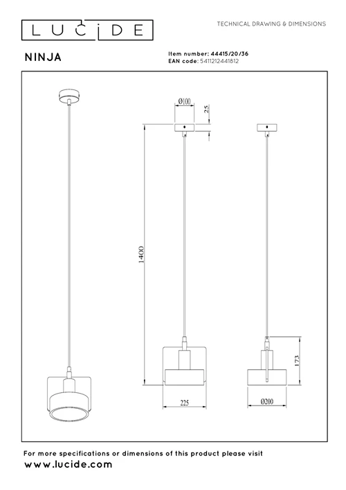 Lucide NINJA - Suspension - Ø 20 cm - 1xE27 - Gris - technique